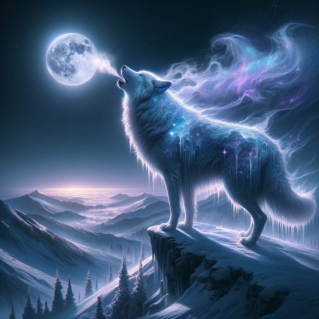 Spectral Wolf Howling at Moon: Hyperrealistic Dark Fantasy