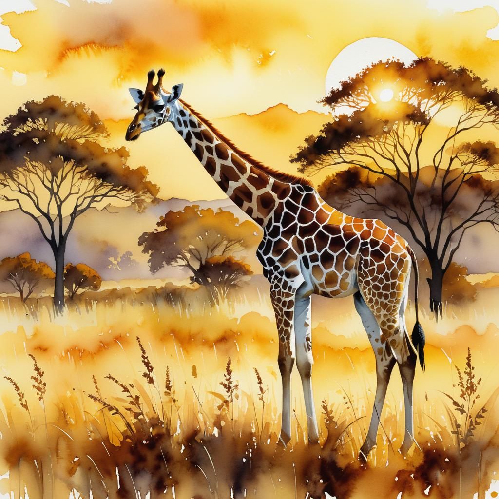 Reticulated Giraffe in Alcohol Ink Watercolor Illustration
