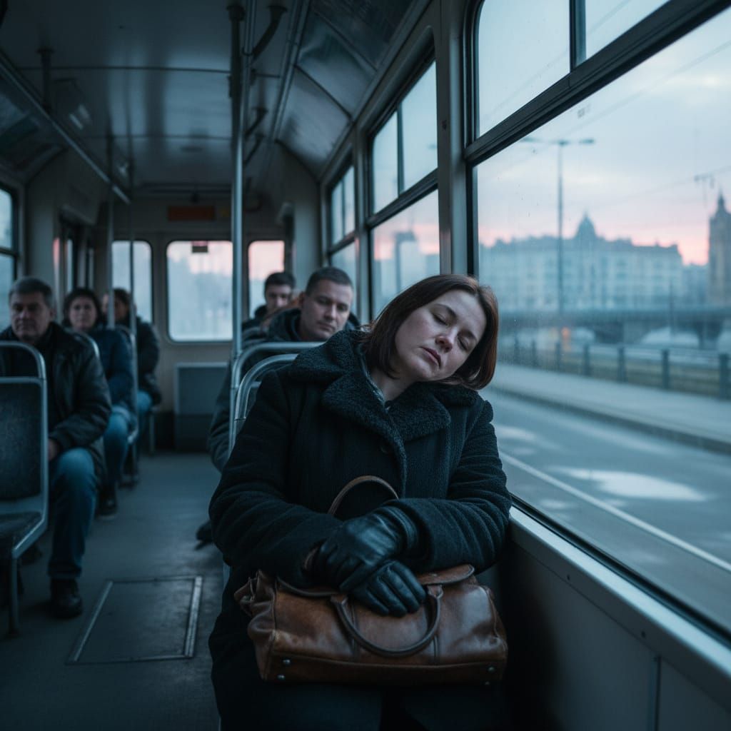 Tired Woman Dozing on Early Morning City Tram