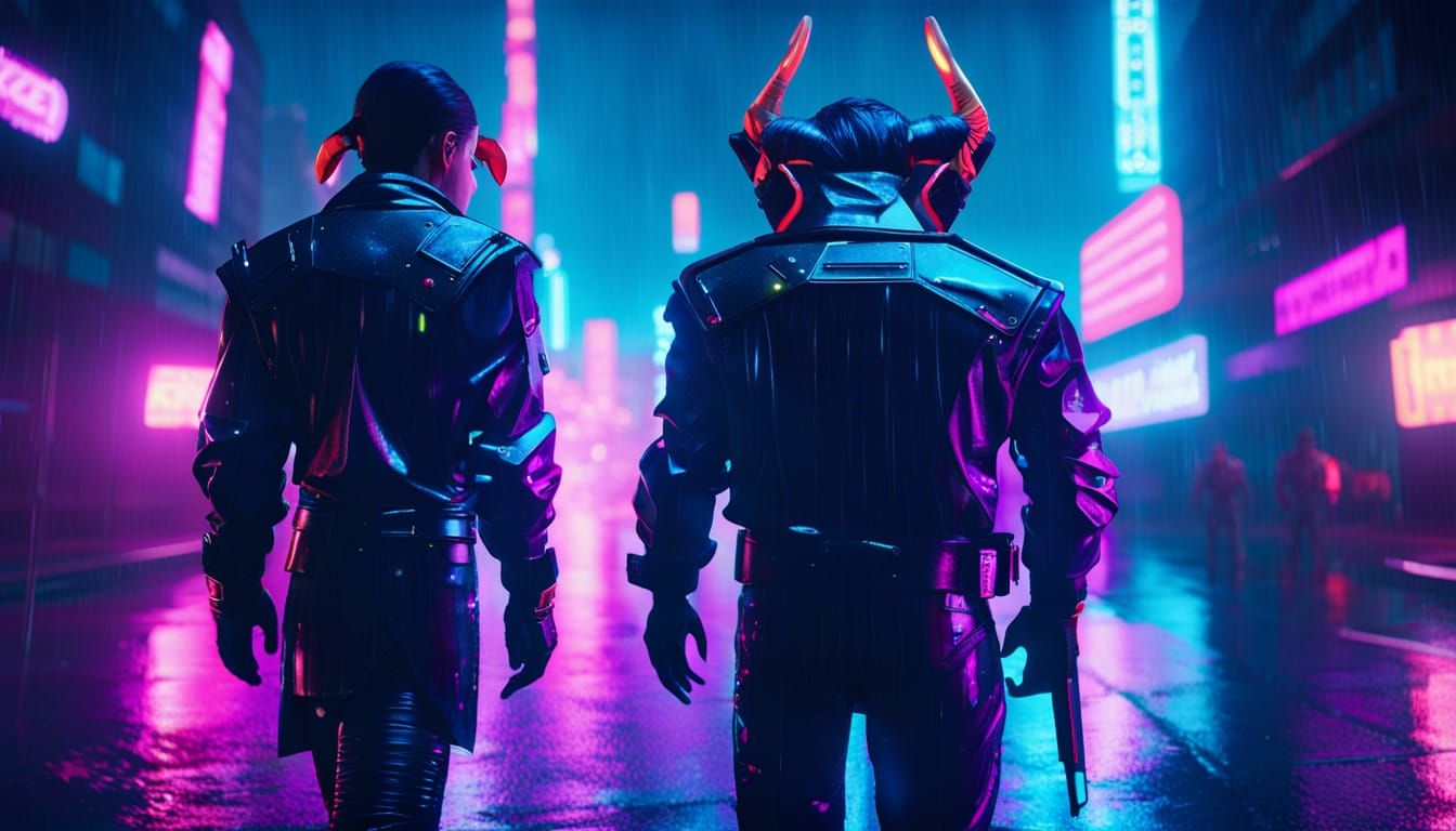 Cyborg Tiefling Cop in Cyberpunk Cityscape