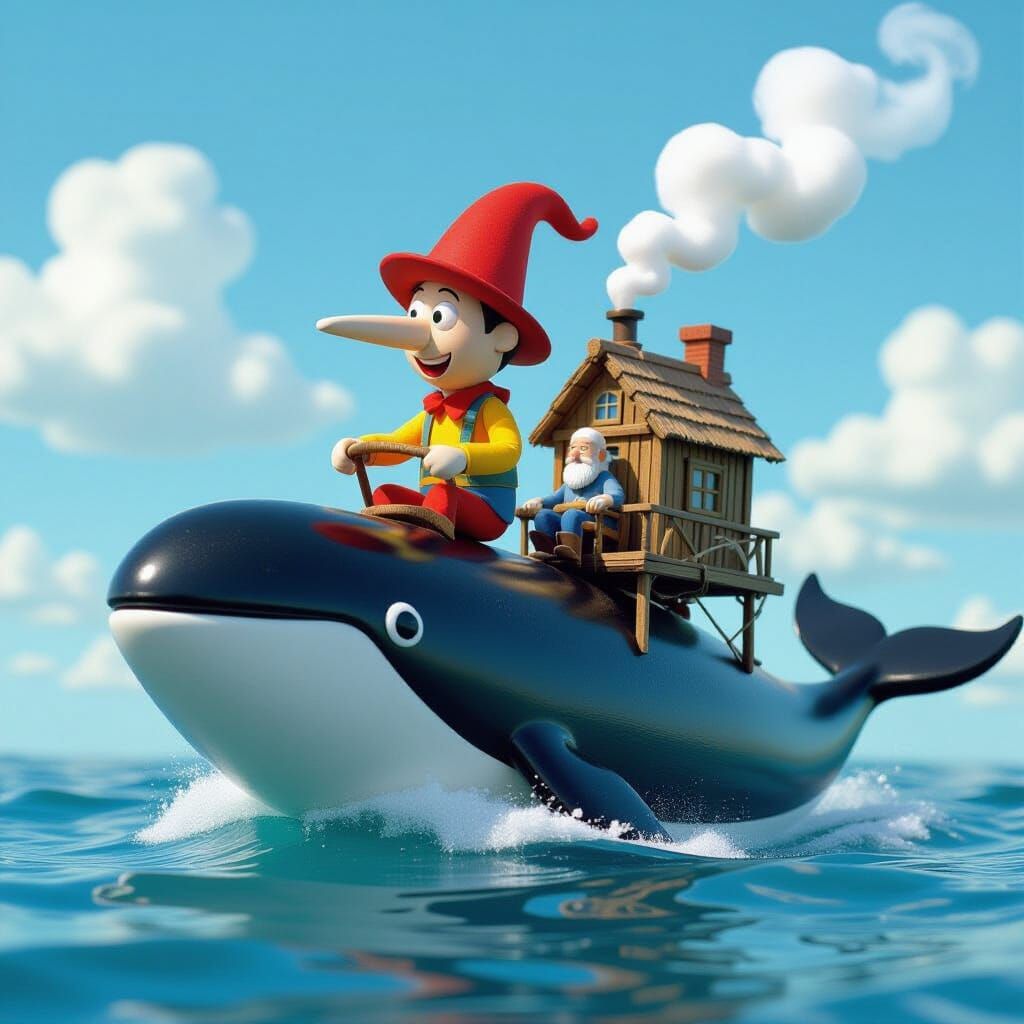 Pinocchio Rides a Whale: Whimsical Animated Scene