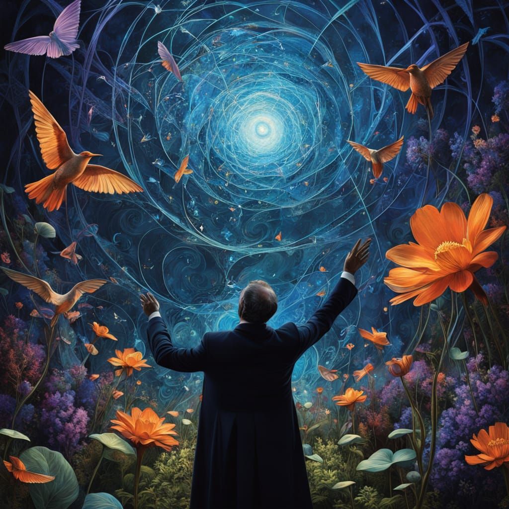 Ethereal Conductor Transforms into Musical Notes and Birds