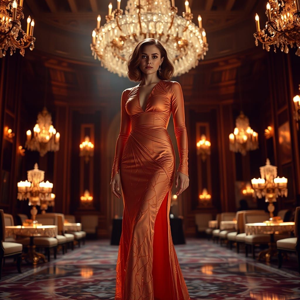Crystalline Dress in Grand Ballroom, Hyperrealistic Art
