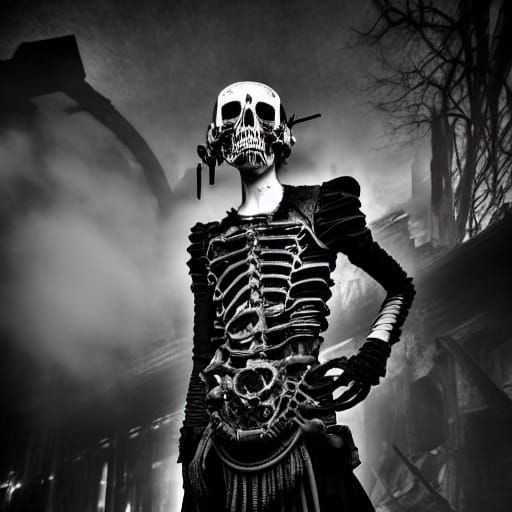 Gothic Model in Biomechanical Ruins: Dark Fantasy Photograph...