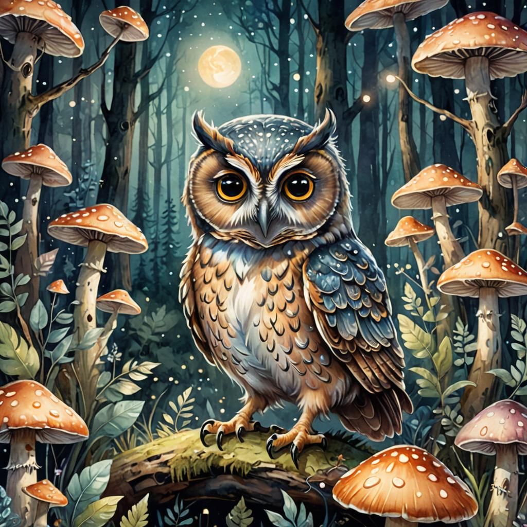 Whimsical Owl in Mystical Forest Illustration