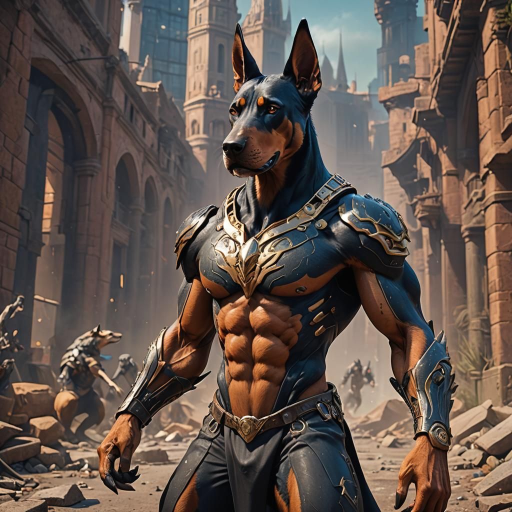Muscular Anthro Doberman-Fox Hybrid in Detailed Matte Painti...