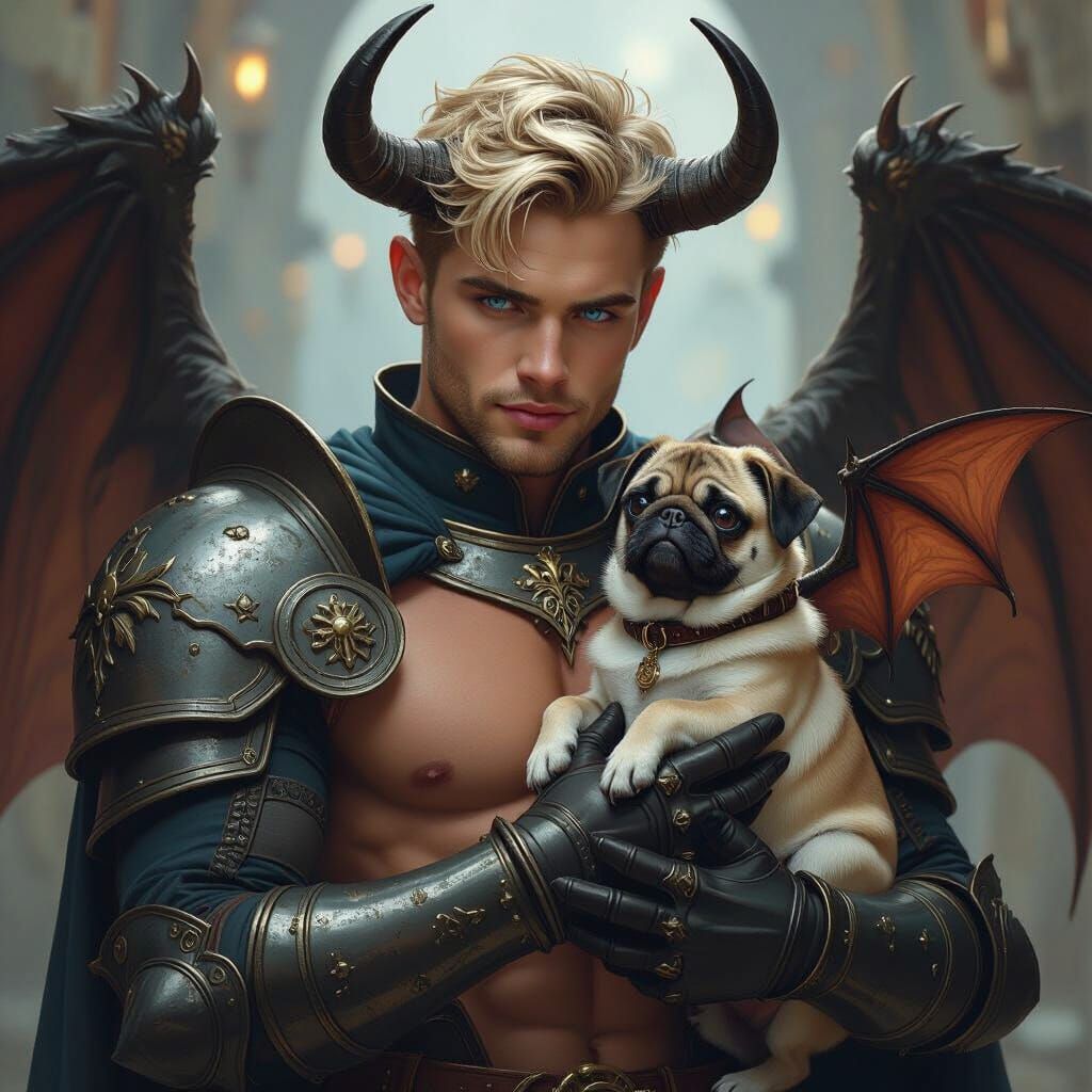 Hyperrealistic Archangel Knight Levitating with Pug