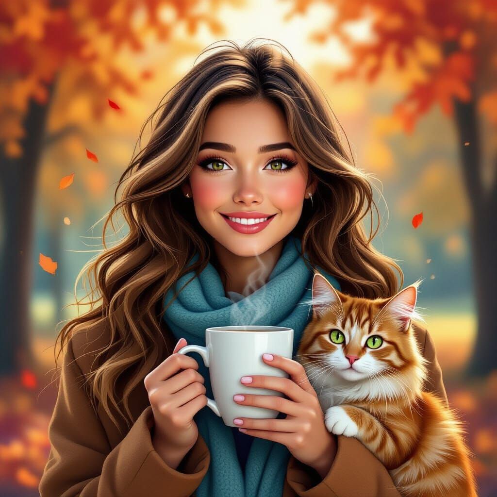 Cozy Autumn Scene: Woman with Cat and Mug