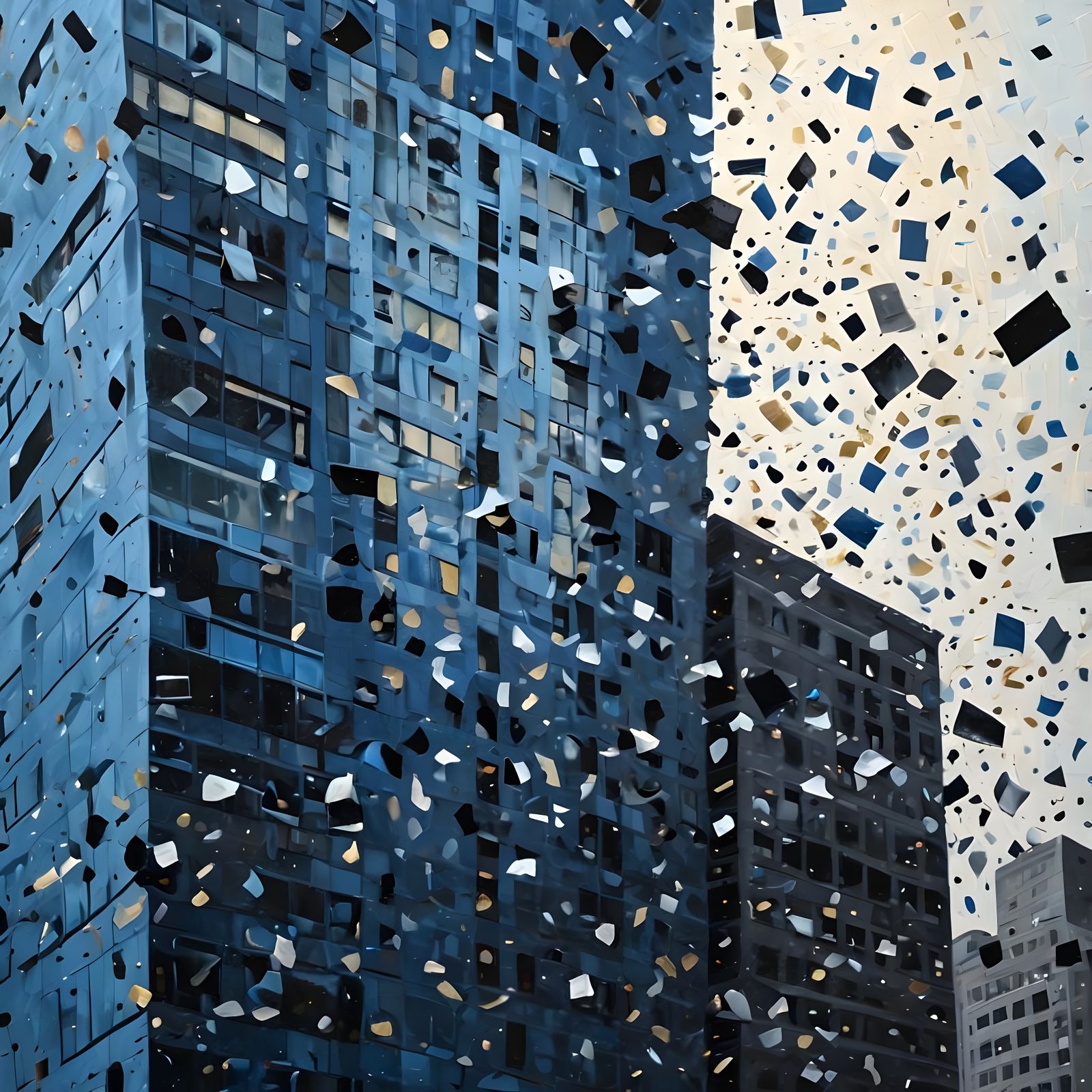 Detailed Skyscraper Oil Painting with Confetti Textures
