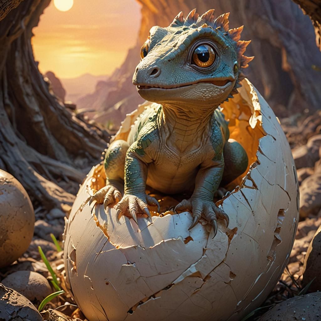 Whimsical Baby Dinosaur Emerges from Eggshell in Dreamlike S...