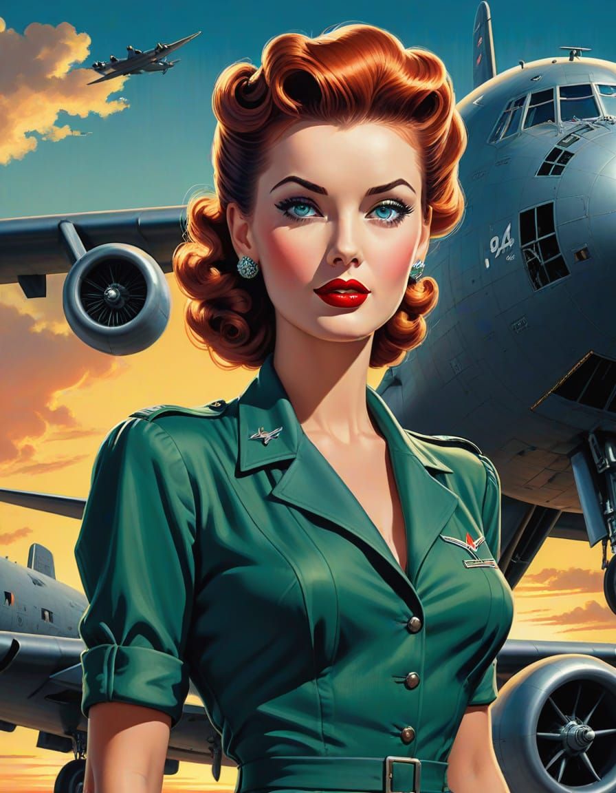 Vintage Pin-Up Girl Stands Confidently Beside B-52 Bomber