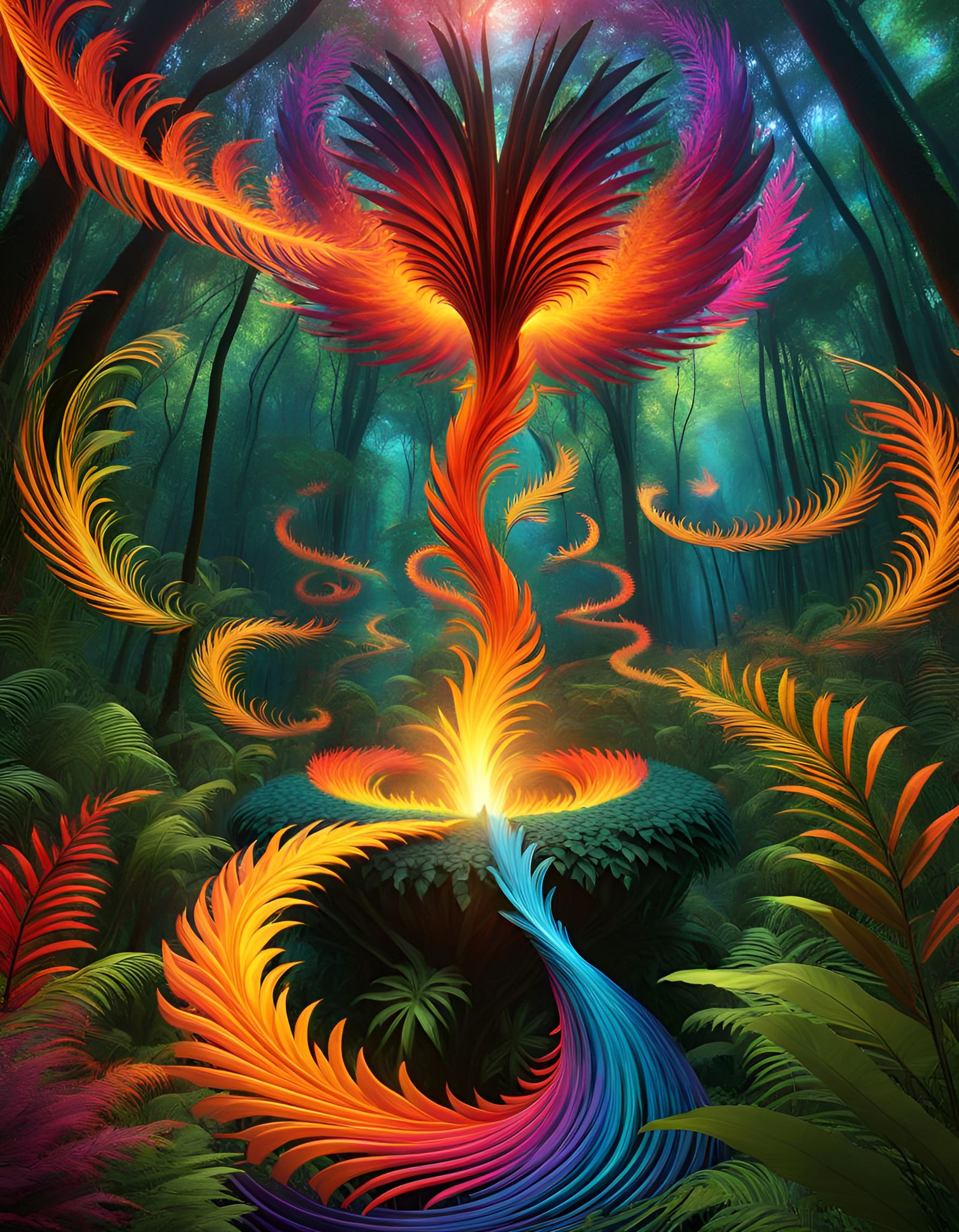 Fiery Phoenix Rising from Jungle Clearing