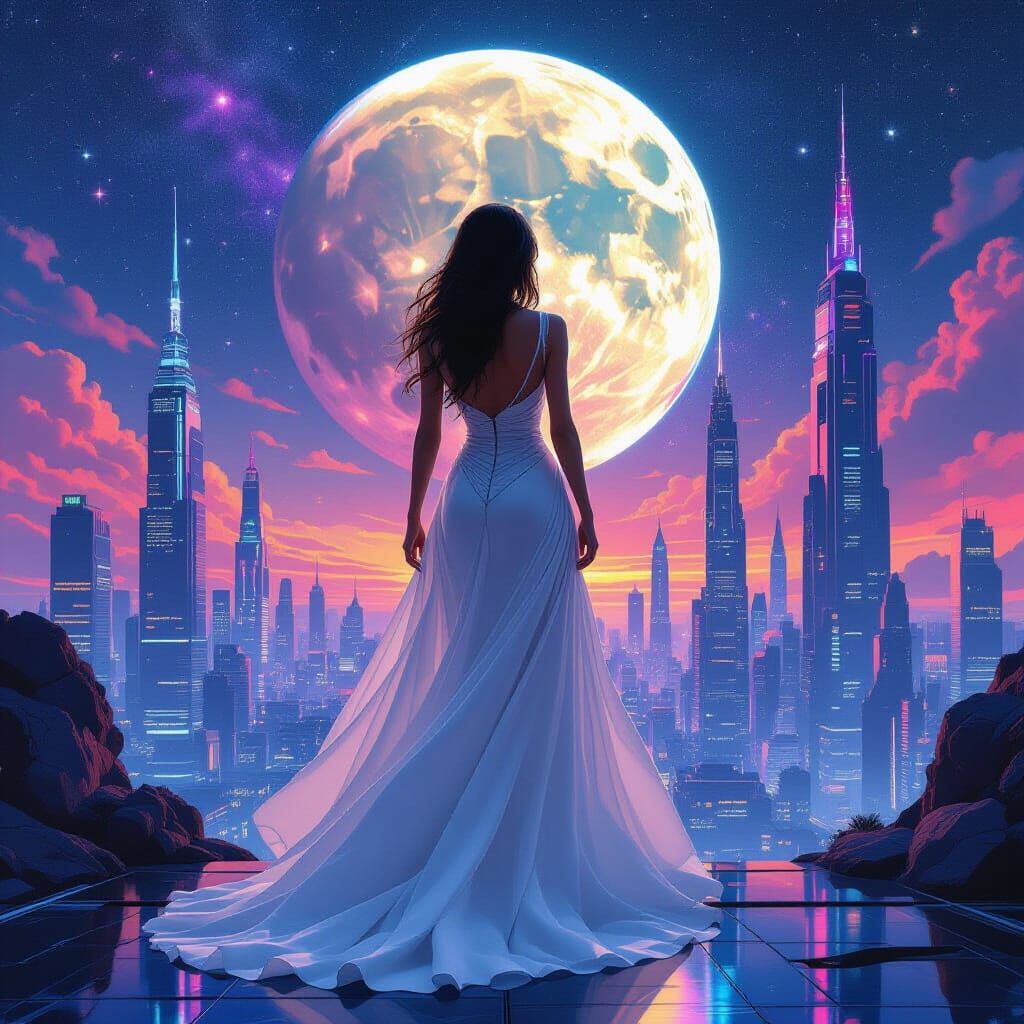 Mechanical Woman in Futuristic Cityscape, Surreal Art