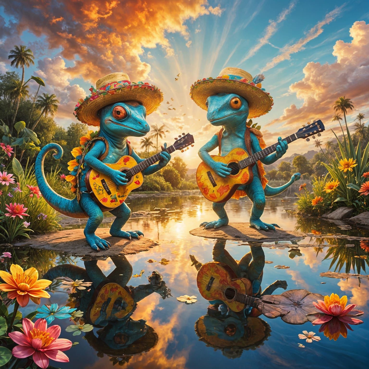 Cheerful Hippie Chameleons Dance in Sunny Meadow