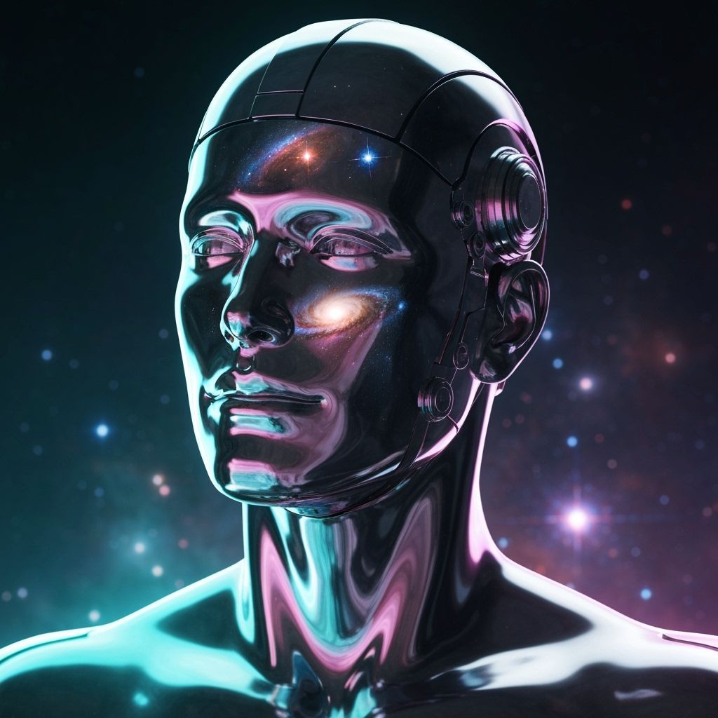 Robot's Mirrored Face Reflects Cosmic Nebula