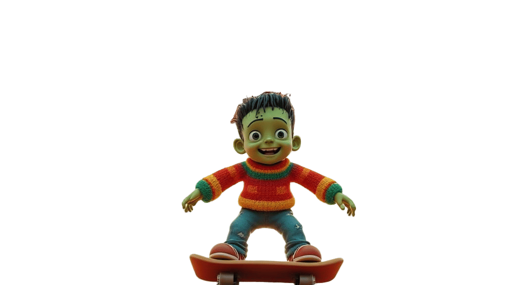 Frankenstein's Monster Rides Skateboard in Rainbow Sweater