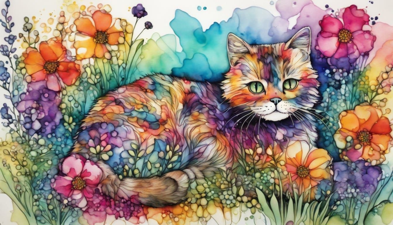 Kitty Laying in a Springtime Flowerbed