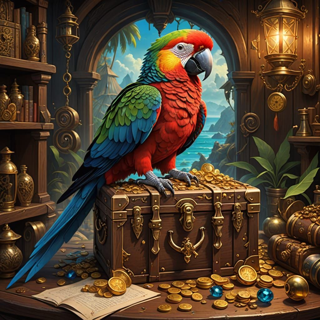 Pirate Parrot's Treasure: A Dramatic Oil Painting