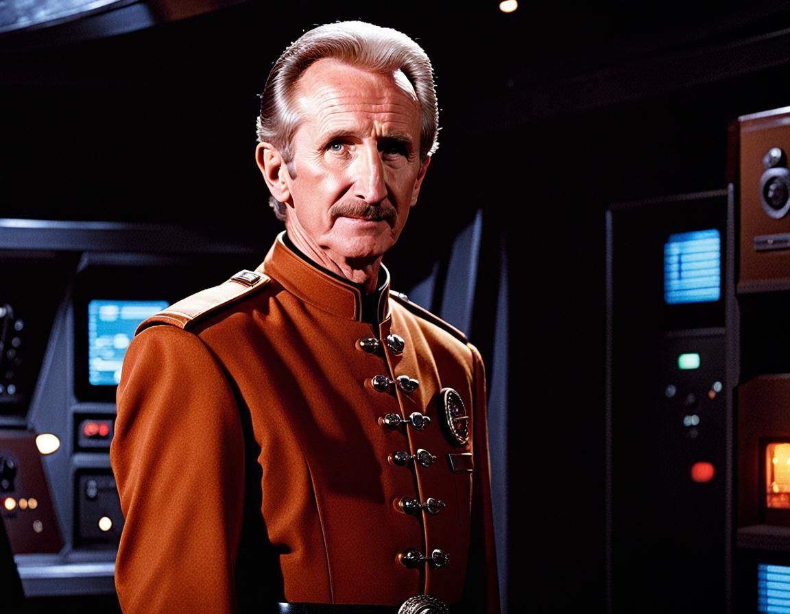 René Auberjonois as Odo, wearing a brown Bajoran uniform. st...