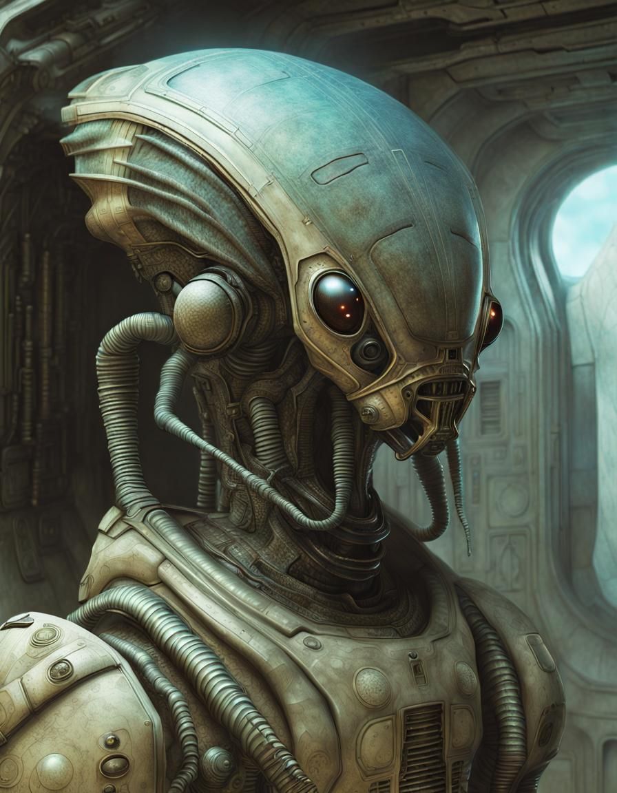 An alien insect wearing an armored spacesuit with games venting.  Cosmic Photorealistic hyperdetailed Zdzisław Beksiński...