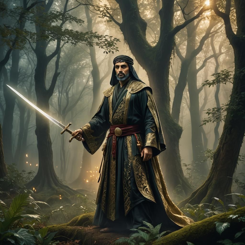 Heroic Figure in Mystical Forest: Matte Painting