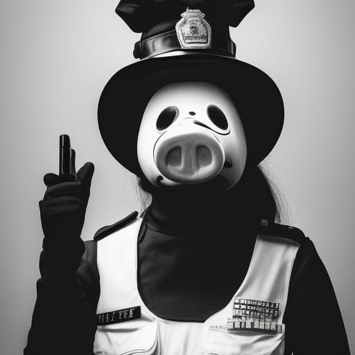 Noir Policewoman in Pig Mask, Vintage Horror Photo