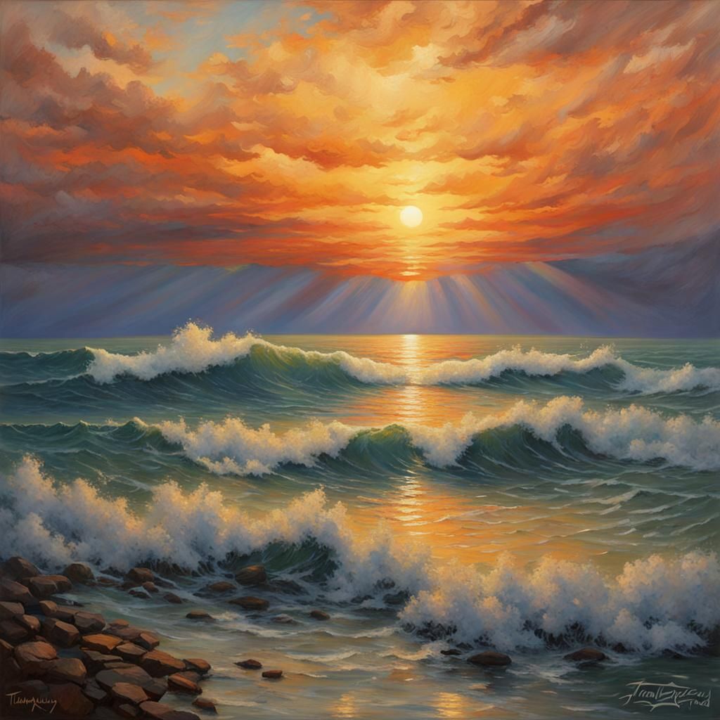 Ocean Sunset Painting in Impressionistic Style