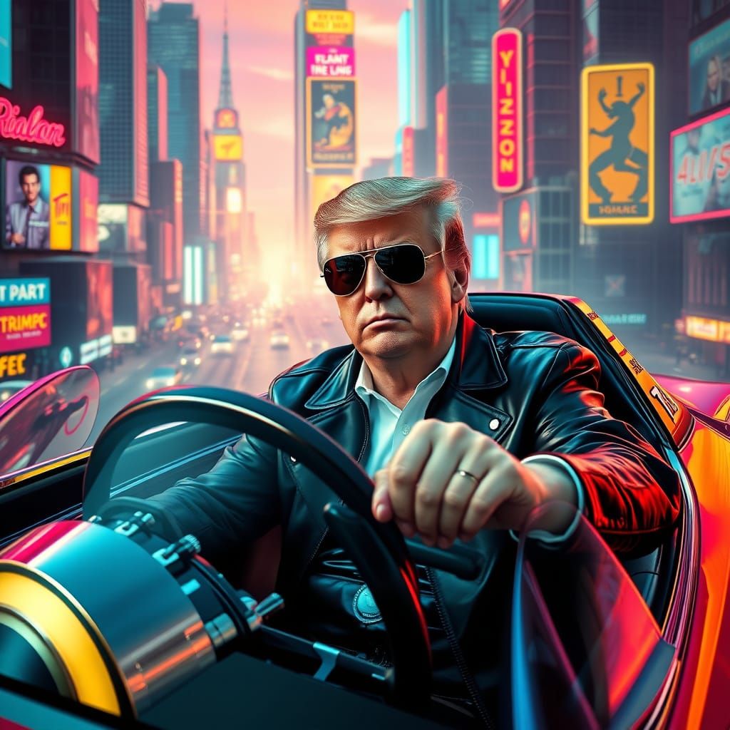 Confident Futuristic Leader Behind the Wheel of a Sleek Flyi...