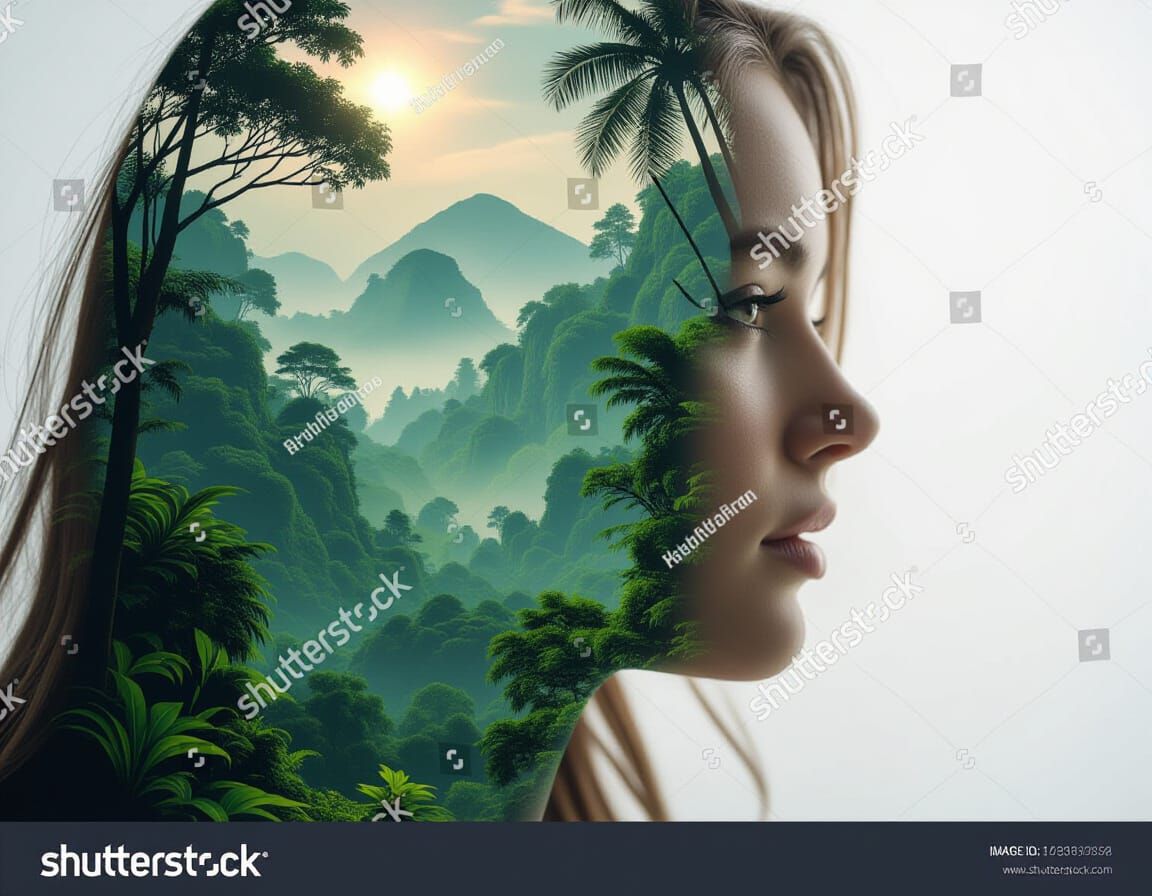 Mother Nature Double Exposure Silhouette of Woman's Face Fil...