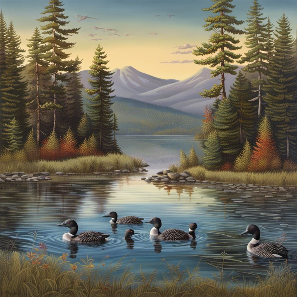 Maine Mountain Lake with Loons at Sunset