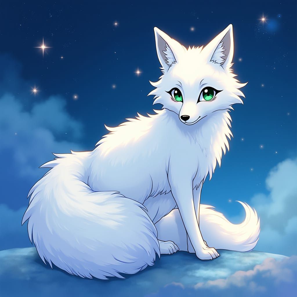 Anime Style Fox in Dreamy Night Sky with Cloud Tail