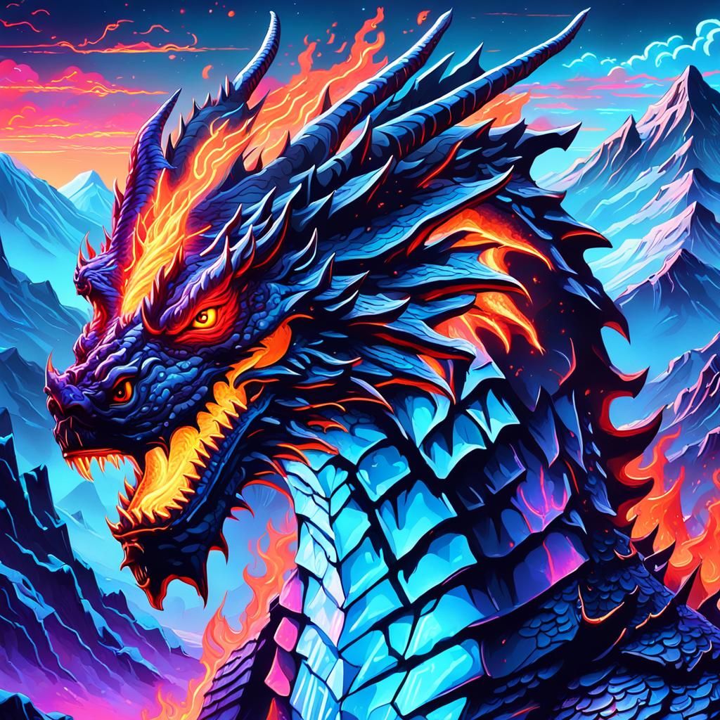 Fire and Ice Dragon in Neon Synthwave Style