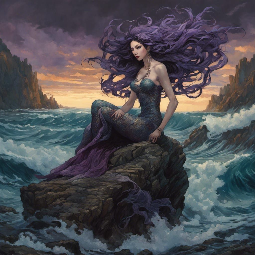 Dark Mermaid on Stormy Rock: A Fantasy Masterwork