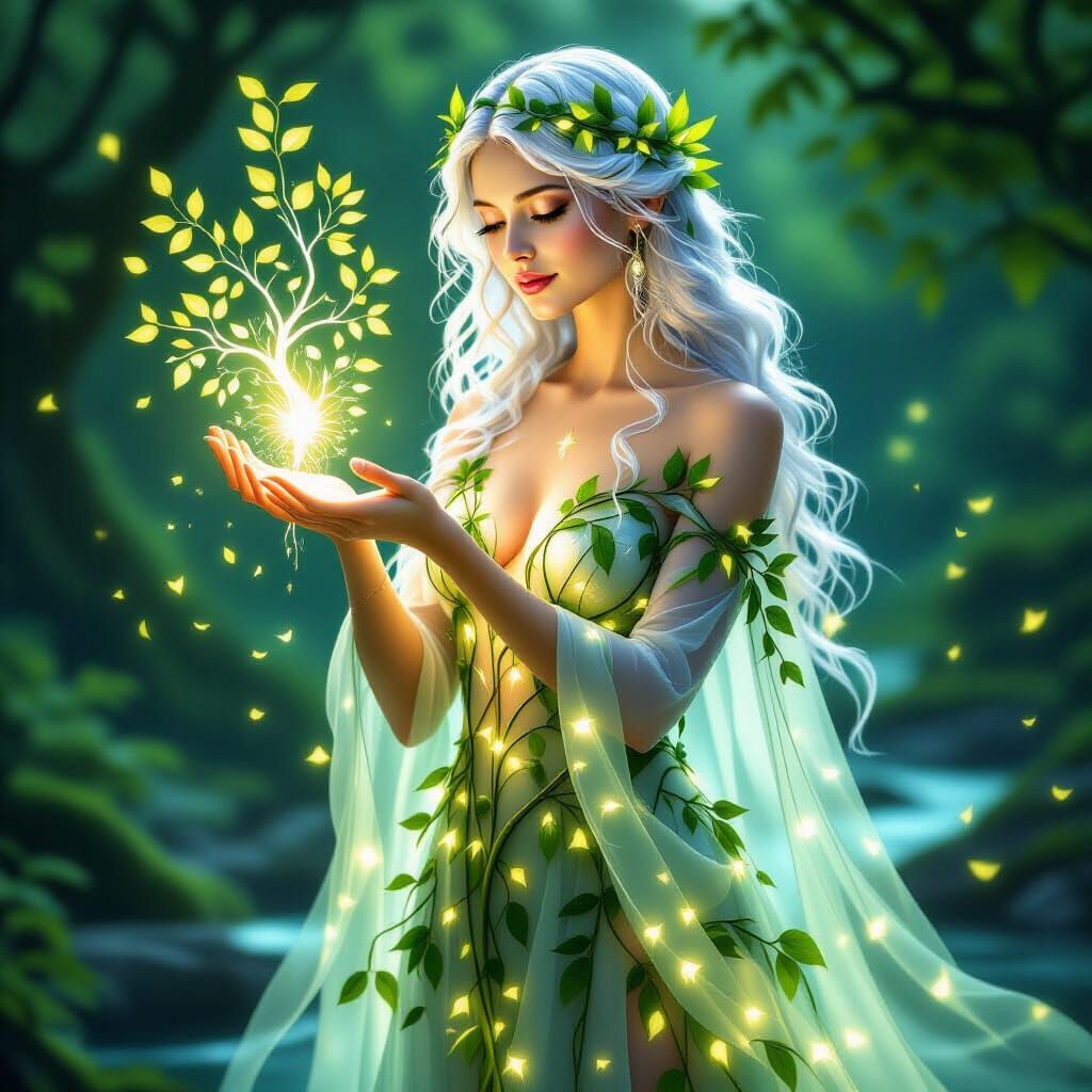 Ethereal Nature Spirit Holding Luminescent Tree