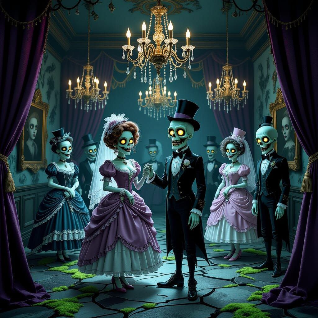 Quirky Gothic Ballroom with Whimsical Zombies