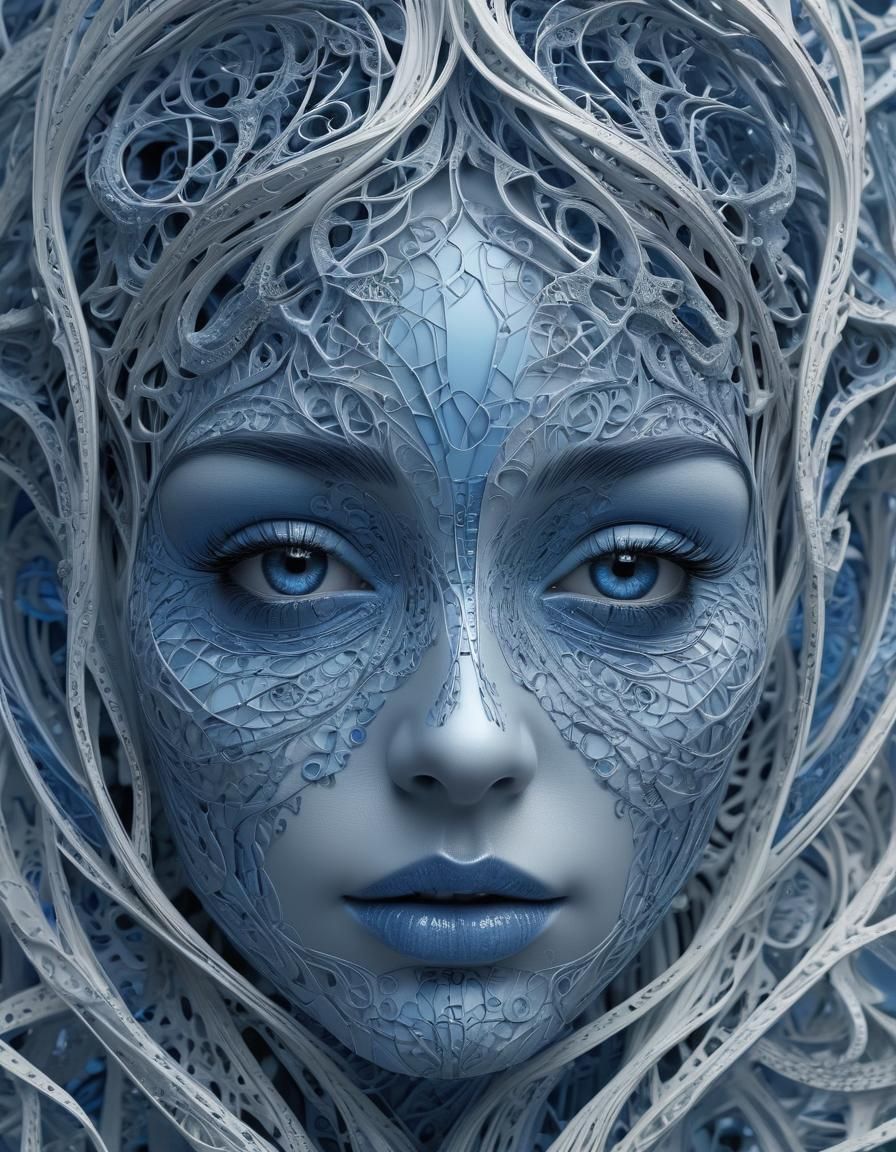 Geometric Face with Flowing Blue Figure