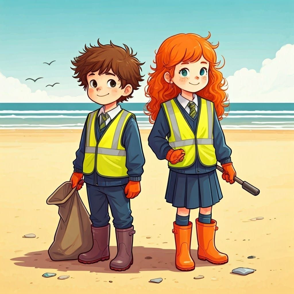 Children Cleaning Beach, Whimsical Illustration