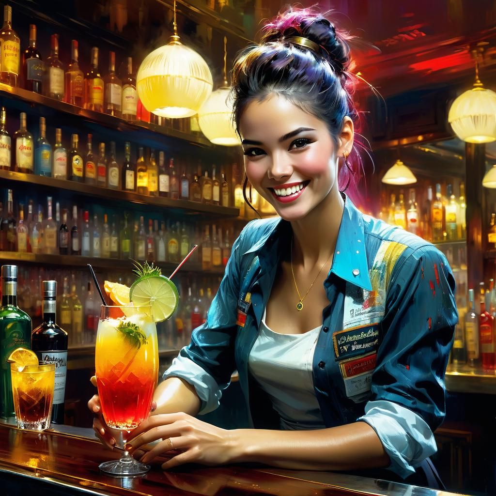 Beautiful Bartender Serving Drinks in Detailed Matte Paintin...