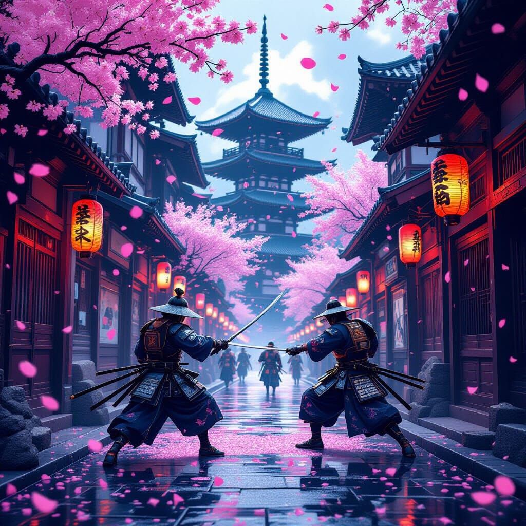 Samurai Fight in Neon Tokyo: Matte Painting Style