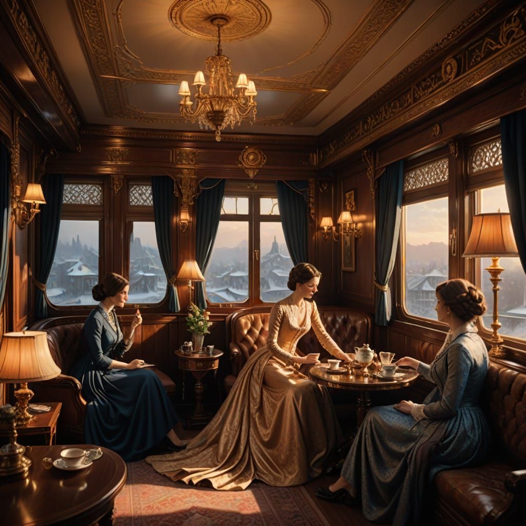 Elegant Ladies on the Orient Express in Oil Painting Style