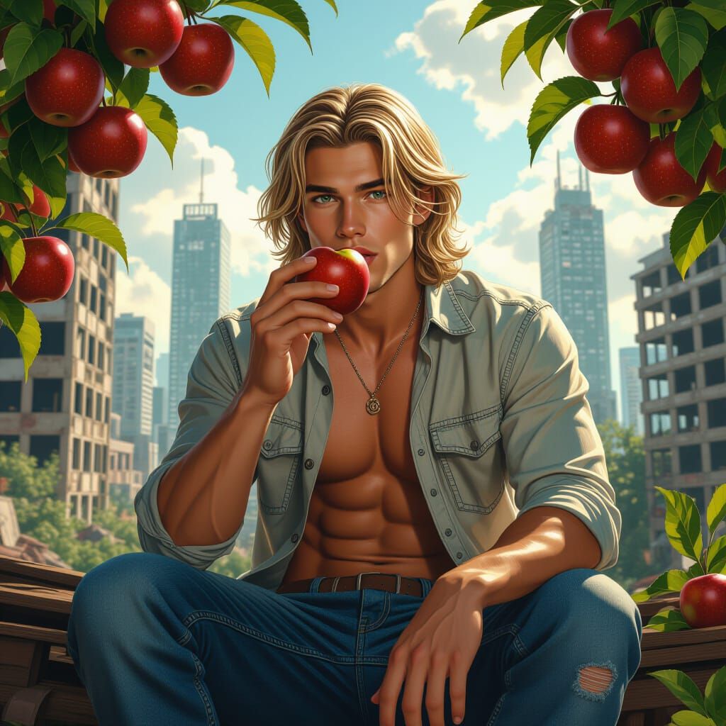 Young Man Eating Apple Atop Skyscraper in Ruined City