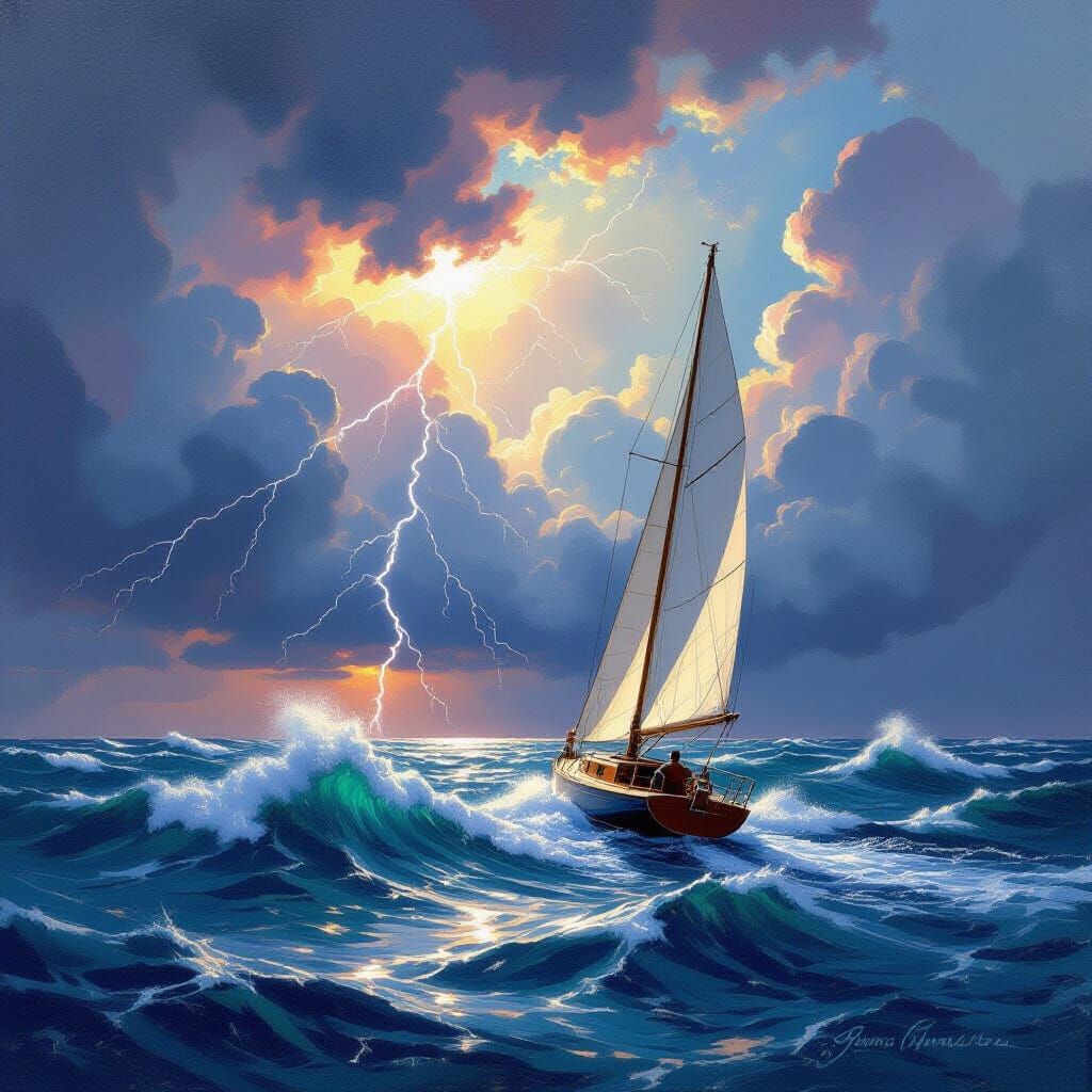Heavy Ocean Storm with Thunders and Yacht