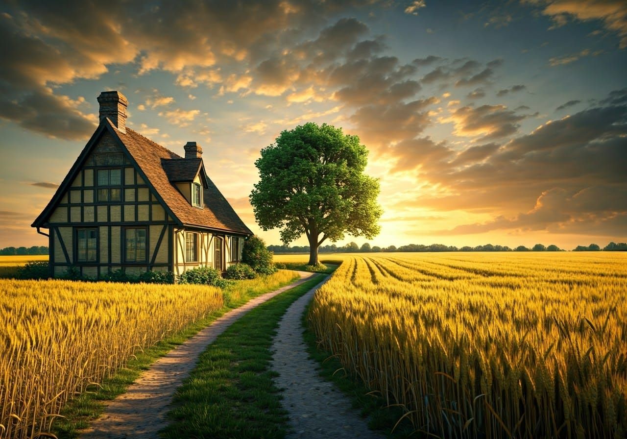 Golden Wheatfield Cottage at Sunset