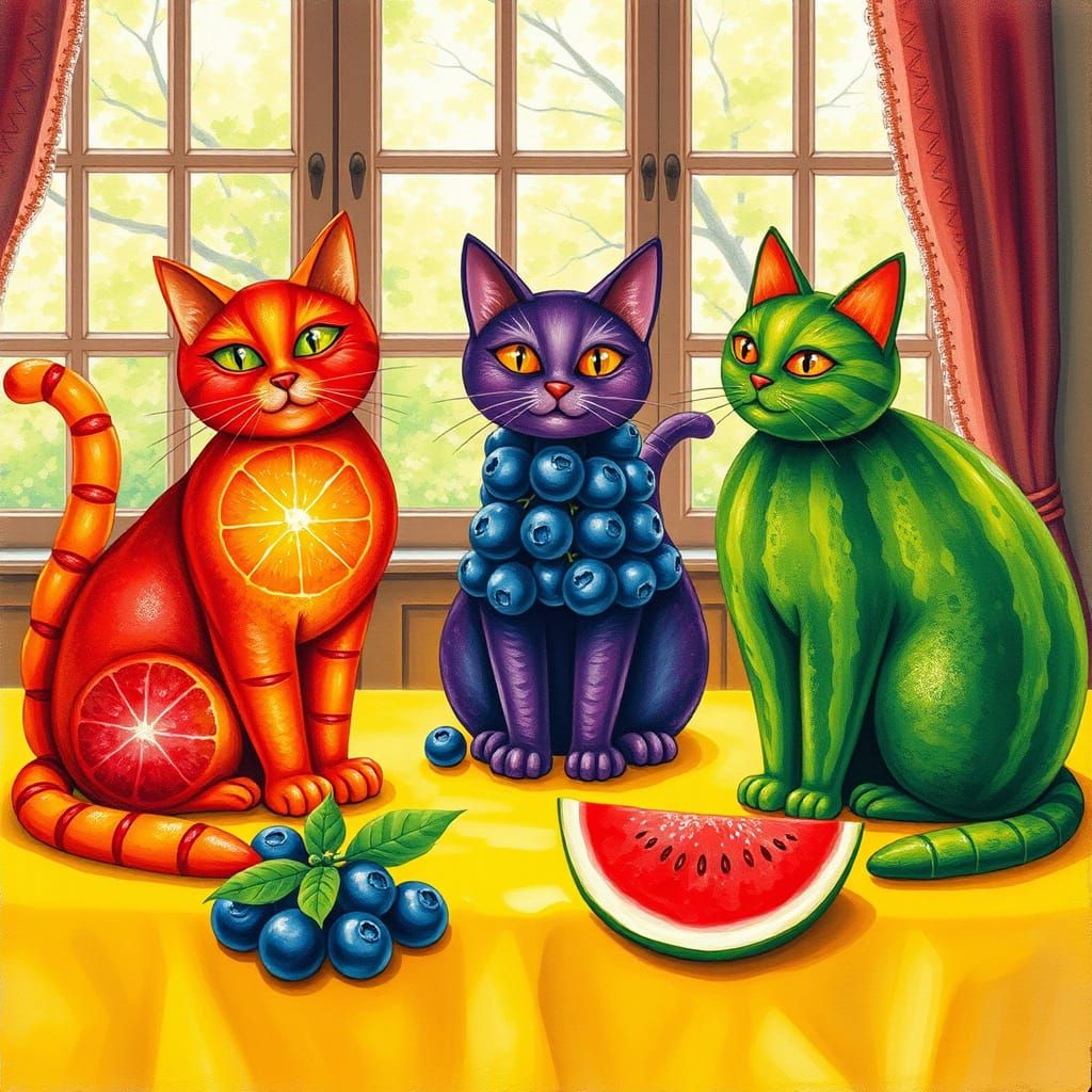 Vibrant Fruity Feline Friends in Whimsical Wonderland