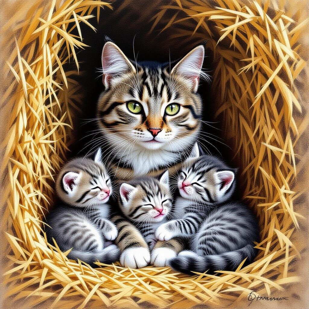 Graphite Drawing of Barn Cat with Kittens in Hay