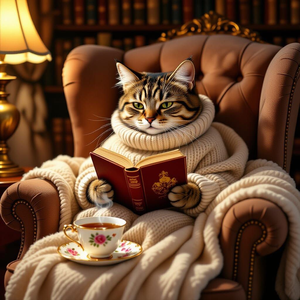 Cozy Cat Reading Book in Armchair