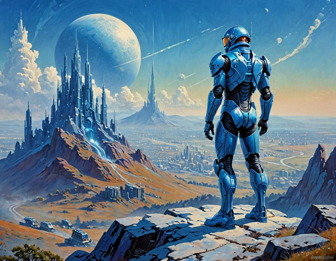 Futuristic Adventurer Overlooking City in Sci-Fi Style