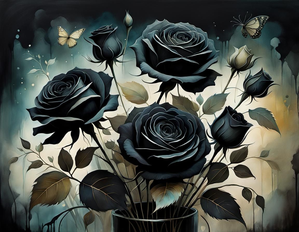 Black Roses Bouquet Alcohol Ink Illustration