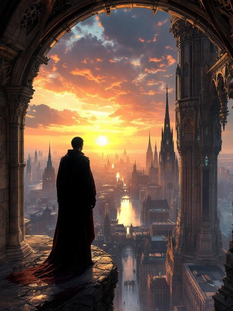 Cyberpunk Cityscape Sunset from Gothic Belltower