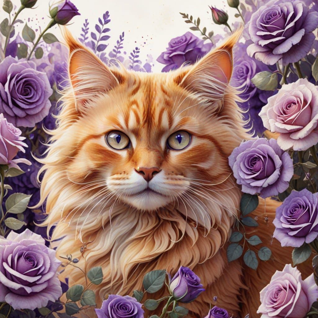 Cute Orange Cat Hiding in Watercolor Roses